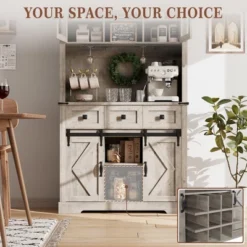 Farmhouse Coffee Bar Cabinet, 72" Tall Kitchen Hutch With 2 Sliding Barn Doors, 3 Drawers, Wine & Glass Rack, Pantry Storage Cabinets, Oak Grey -Living Aura Store GUEST bf775f2d 8ef3 4fe5 93bb fe4274dc0c57