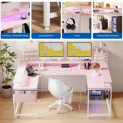 U Shaped Gaming Desk, Reversible Shaped Large Computer Desk With Monitor Stand, Large Corner Office Desk Storage Bag And Hooks, Pink 10 U Shaped Gaming Desk, Reversible Shaped Large Computer Desk With Monitor Stand, Large Corner Office Desk Storage Bag And Hooks, Pink -Living Aura Store GUEST bff28294 2f1b 4b81 ad64 de7025b5a1fc