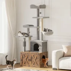 Cat Tree With Litter Box Enclosure - Hidden Cat Washroom, Indoor Kitten House With Scratching Posts, Multi Platform And Condo, Cat Tower, Hammock -Living Aura Store GUEST c043ac1c 20b1 4a94 9a78 a30e9ded41bc