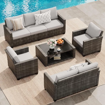 Outdoor Wicker Patio Furniture Sectional Set, Glass Top Table With Hidden Storage, Includes 7 Seating Components, Natural Rattan With Cushions 8 Outdoor Wicker Patio Furniture Sectional Set, Glass Top Table With Hidden Storage, Includes 7 Seating Components, Natural Rattan With Cushions - Image 8