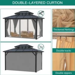 10x13 FT Outdoor Gazebo With Polycarbonate Double Roof, Aluminum Frame Pergola With Curtains And Netting For Patio, Garden, Patio, Lawns, Khaki 10 10x13 FT Outdoor Gazebo With Polycarbonate Double Roof, Aluminum Frame Pergola With Curtains And Netting For Patio, Garden, Patio, Lawns, Khaki -Living Aura Store GUEST c115ea14 9ca4 497e 9fd7 02699615d86f