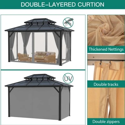 10x13 FT Outdoor Gazebo With Polycarbonate Double Roof, Aluminum Frame Pergola With Curtains And Netting For Patio, Garden, Patio, Lawns, Khaki 3 10x13 FT Outdoor Gazebo With Polycarbonate Double Roof, Aluminum Frame Pergola With Curtains And Netting For Patio, Garden, Patio, Lawns, Khaki - Image 3