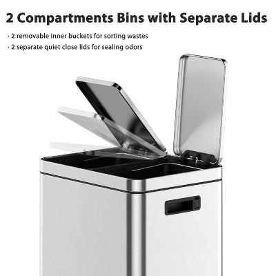 2 X 4 Gal Dual Trash Can, Hands-Free Trash Can With Soft Close Lid, Stainless Steel Garbage Can 5 2 X 4 Gal Dual Trash Can, Hands-Free Trash Can With Soft Close Lid, Stainless Steel Garbage Can - Image 5