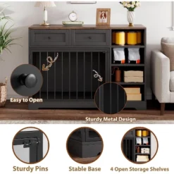 Dog Crate, Wooden Dog Kennel End Table With 2 Drawers And 4 Open Storage Shelves, Removable Bowls 14 Dog Crate, Wooden Dog Kennel End Table With 2 Drawers And 4 Open Storage Shelves, Removable Bowls -Living Aura Store GUEST c45444ae c130 4a95 8aca 7b54cf776b61