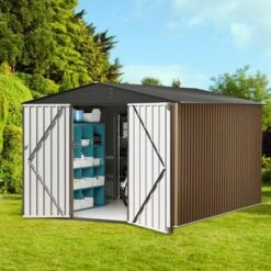 Outdoor Metal Storage Shed， Large Weatherproof Garden Shed For Tools，with Lockable Doors And Sloping Roof，for Lawn Equipment, Patio & Backyard