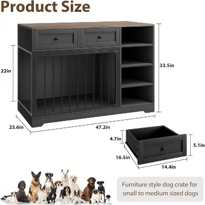 Dog Crate, Wooden Dog Kennel End Table With 2 Drawers And 4 Open Storage Shelves, Removable Bowls 1 Dog Crate, Wooden Dog Kennel End Table With 2 Drawers And 4 Open Storage Shelves, Removable Bowls