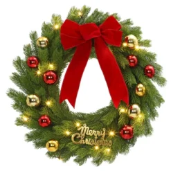 24 Inch Christmas Wreath With Red Bow & Balls, Artificial Pine Greenery Wreath For Home Fireplace Wall Window Porch Entryway