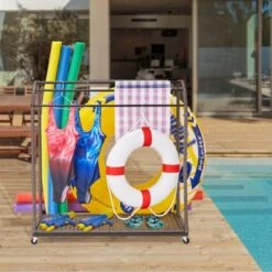 Outdoor Pool Towel Rack With Rattan Base, Freestanding Clothing Rack With Lockable Swivel Wheels, Storage Organizer For Floats, Pool, Swimming -Living Aura Store GUEST cc0b85d2 3cd4 481b 9a0f 2c0695cbfe34