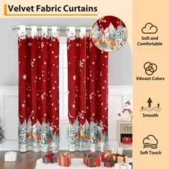 Christmas Red Curtains 52x63 Inch, Velvet Blackout Curtains, Christmas Reindeer Snowflake Window Drapes For Living Room Bedroom, 2 Panel Set