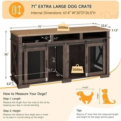 71" Dog Crate Furniture, Double Dog Crate Table, Double Dog Kennel Furniture With 3 Storages And Removable Divider For Large Medium Dogs 3 71" Dog Crate Furniture, Double Dog Crate Table, Double Dog Kennel Furniture With 3 Storages And Removable Divider For Large Medium Dogs - Image 3