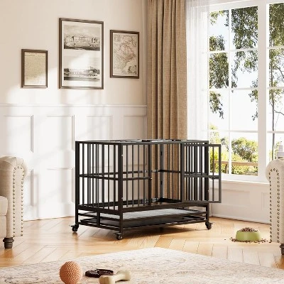 Heavy Duty Indestructible Dog Crate Steel Escape Proof, Indoor Dog House High Anxiety Cage, Kennel With Wheels, Removable Tray 8 Heavy Duty Indestructible Dog Crate Steel Escape Proof, Indoor Dog House High Anxiety Cage, Kennel With Wheels, Removable Tray - Image 8