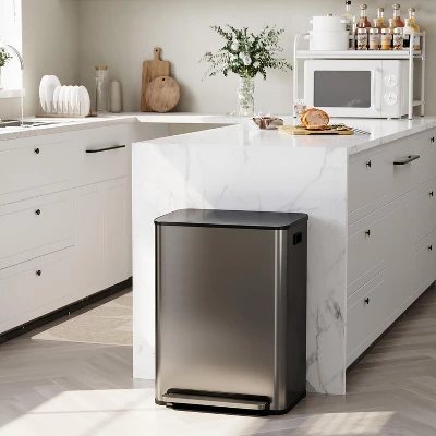 Kitchen Stainless Steel Trash Can, 16 Gallon/ 60L Dual Compartment Garbage Can With Soft Close Lid, Step On Waste Bin For Living Room, Office, Silver 2 Kitchen Stainless Steel Trash Can, 16 Gallon/ 60L Dual Compartment Garbage Can With Soft Close Lid, Step On Waste Bin For Living Room, Office, Silver - Image 2