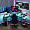 61" L Shaped Gaming Desk, With Monitor Stand, L-Shaped Corner Computer Desks, Built-in LED Lights And Side Storage Pockets, For Small Spaces