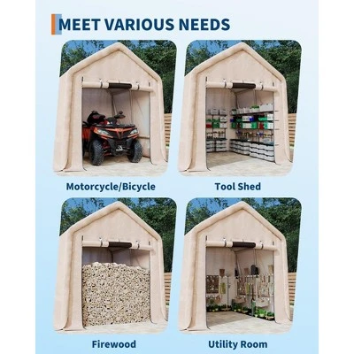 10x10FT Outdoor Storage Shed Carport With Roll-Up Zipper Door, Portable Garage Storage Shelter Heavy Duty Waterproof PE Tarp For Bike, ATV, Khaki 3 10x10FT Outdoor Storage Shed Carport With Roll-Up Zipper Door, Portable Garage Storage Shelter Heavy Duty Waterproof PE Tarp For Bike, ATV, Khaki - Image 3