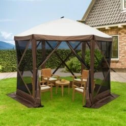 Gazebo Screen Tent With Mosquito Netting, 6 Sided Pop Up Canopy Shelter, With Carrying Bag, Ground Stakes, For Outdoor Camping, Lawn, Backyard