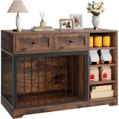 Dog Crate, Wooden Dog Kennel End Table With 2 Drawers And 4 Open Storage Shelves, Removable Bowls 16 Dog Crate, Wooden Dog Kennel End Table With 2 Drawers And 4 Open Storage Shelves, Removable Bowls -Living Aura Store GUEST d77073b2 03a0 4eb1 9beb 02b49bf49399