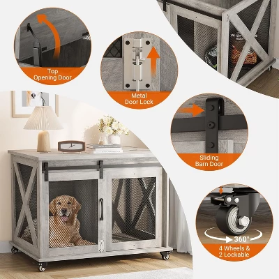 37 Inch Dog Crate Furniture, Indoor Dog Cage With Sliding Barn Door, Flip Top Dog Kennel End Table With Removable Divider 3 37 Inch Dog Crate Furniture, Indoor Dog Cage With Sliding Barn Door, Flip Top Dog Kennel End Table With Removable Divider - Image 3