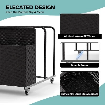 Outdoor Cart Storage Box, Iron Pipe & Woven Rattan, Swivel Wheels, Double Compartments, Large Basket, 39.4", Weather-Resistant, 110 Lbs Capacity 5 Outdoor Cart Storage Box, Iron Pipe & Woven Rattan, Swivel Wheels, Double Compartments, Large Basket, 39.4", Weather-Resistant, 110 Lbs Capacity - Image 5