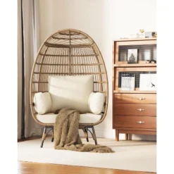 Modern DLEC03 Wicker Egg Chair - 350LBs Steel Frame & Plush Cushion, PE Rattan For Balcony/Patio/Living Room, Outdoor Lounge Chair