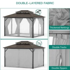10' X 10' Aluminum Hardtop Gazebo With Galvanized Steel Double Roof Canopy, Outdoor Pergola With Curtains And Netting For Patio Backyard Deck, Grey 11 10' X 10' Aluminum Hardtop Gazebo With Galvanized Steel Double Roof Canopy, Outdoor Pergola With Curtains And Netting For Patio Backyard Deck, Grey -Living Aura Store GUEST daf006ef 3671 4c3d b067 66a046478fc9