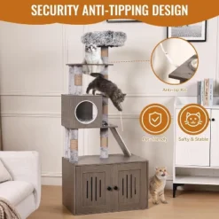 Cat Tree With Litter Box Enclosure, 2-in-1 Cat Tower, 66.9-Inch Tall Cat Condo With Scratching Posts, Perch (Grey) -Living Aura Store GUEST dc803c45 a625 4fcd b089 af0daa687513