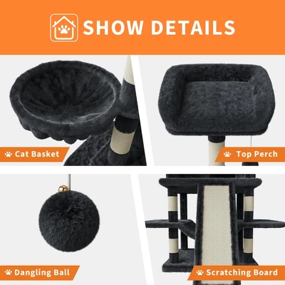 68.5" Multi-Level Cat Tree For Indoor, Heavy Duty Adult Cat Tower With 2 Condos, Plush Perches, Sisal Scratching Posts,Hammocks,Basket,Dangling Balls 4 68.5" Multi-Level Cat Tree For Indoor, Heavy Duty Adult Cat Tower With 2 Condos, Plush Perches, Sisal Scratching Posts,Hammocks,Basket,Dangling Balls - Image 4