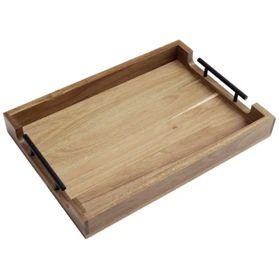 Serving Tray With Metal Handles, 17 Inches Acacia Wood Coffee Table Tray, Trays For Serving Food 1 Serving Tray With Metal Handles, 17 Inches Acacia Wood Coffee Table Tray, Trays For Serving Food