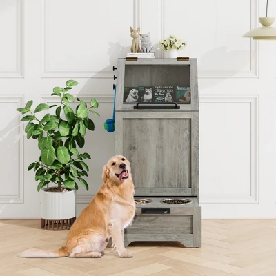 Top Opening Dog Feeding Station, Wooden Dog Food Storage Cabinet With 2 Elevated Dog Bowls, 3 Hooks, Hidden Design, Large Pet Food Storage 7 Top Opening Dog Feeding Station, Wooden Dog Food Storage Cabinet With 2 Elevated Dog Bowls, 3 Hooks, Hidden Design, Large Pet Food Storage - Image 7