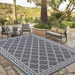 5x8 FT Waterproof Outdoor Plastic Straw Rug For Patio Reversible Portable Plastic Straw Rug, For Porch, Backyard, Balcony, Grey/White
