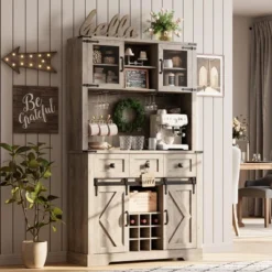 Farmhouse Coffee Bar Cabinet, 72" Tall Kitchen Hutch With 2 Sliding Barn Doors, 3 Drawers, Wine & Glass Rack, Pantry Storage Cabinets, Oak Grey -Living Aura Store GUEST e791471f 5379 4685 95b0 7eeb73a06b96