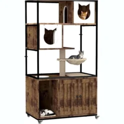 Cat Litter Box Enclosure, Hidden Litter Box Cabinet With Condo, Hammock, Scratching Mat & Post, Cat House With Storage Shelves & Wheels -Living Aura Store GUEST e98fda13 31af 4297 b8bc 94c1d5104246