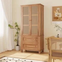 64 Inch Tall Kitchen Pantry Cabinet, Rattan Storage Cabinet With 2 Drawers & 2 Adjustable Shelves, Wood Cupboard For Dining Room Apartment 11 64 Inch Tall Kitchen Pantry Cabinet, Rattan Storage Cabinet With 2 Drawers & 2 Adjustable Shelves, Wood Cupboard For Dining Room Apartment -Living Aura Store GUEST eacd5bf2 5de3 4d6f a3ec 1ad48ecf99c6