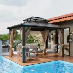 10x13 FT Outdoor Gazebo With Polycarbonate Double Roof, Aluminum Frame Pergola With Curtains And Netting For Patio, Garden, Patio, Lawns, Khaki 15 10x13 FT Outdoor Gazebo With Polycarbonate Double Roof, Aluminum Frame Pergola With Curtains And Netting For Patio, Garden, Patio, Lawns, Khaki -Living Aura Store GUEST ed9ffd0c bb27 4a6f 84ab 7410d7db61d1