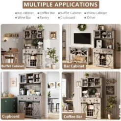 Farmhouse Coffee Bar Cabinet, 72" Tall Kitchen Hutch With 2 Sliding Barn Doors, 3 Drawers, Wine & Glass Rack, Pantry Storage Cabinets, Oak Grey -Living Aura Store GUEST f04e1358 696d 4a83 9602 7578e0503c37