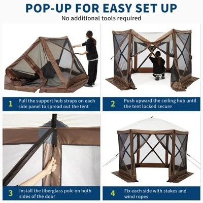 Gazebo Screen Tent With Mosquito Netting, 6 Sided Pop Up Canopy Shelter, With Carrying Bag, Ground Stakes, For Outdoor Camping, Lawn, Backyard 5 Gazebo Screen Tent With Mosquito Netting, 6 Sided Pop Up Canopy Shelter, With Carrying Bag, Ground Stakes, For Outdoor Camping, Lawn, Backyard - Image 5