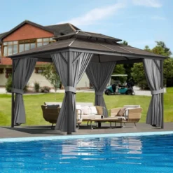10' X 10' Aluminum Hardtop Gazebo With Galvanized Steel Double Roof Canopy, Outdoor Pergola With Curtains And Netting For Patio Backyard Deck, Grey 13 10' X 10' Aluminum Hardtop Gazebo With Galvanized Steel Double Roof Canopy, Outdoor Pergola With Curtains And Netting For Patio Backyard Deck, Grey -Living Aura Store GUEST fea81787 7681 4331 ab3b 88b7c0446ce1