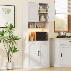71 Inch Tall Kitchen Pantry Cabinet With Microwave Stand & Led Lights, Hutch Storage Cabinet, Slim Wood Cupboard For Dining Rooms, Apartments, White -Living Aura Store GUEST ff7f0b49 59ce 4e14 8348 a96a337534f0
